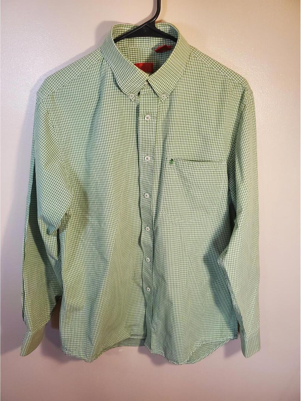 Izod Gingham Long Sleeve Button Up Shirt Mens Med Green/White Checkered, Preppy